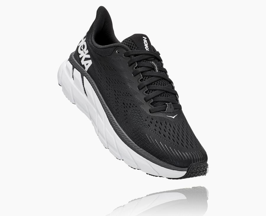 Hoka One One Clifton 7 - Women's Running Shoes - Black/White - UK 597OKSPMZ